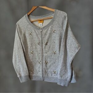 Ruby Rd Gray Zip Up with Floral Embellishments